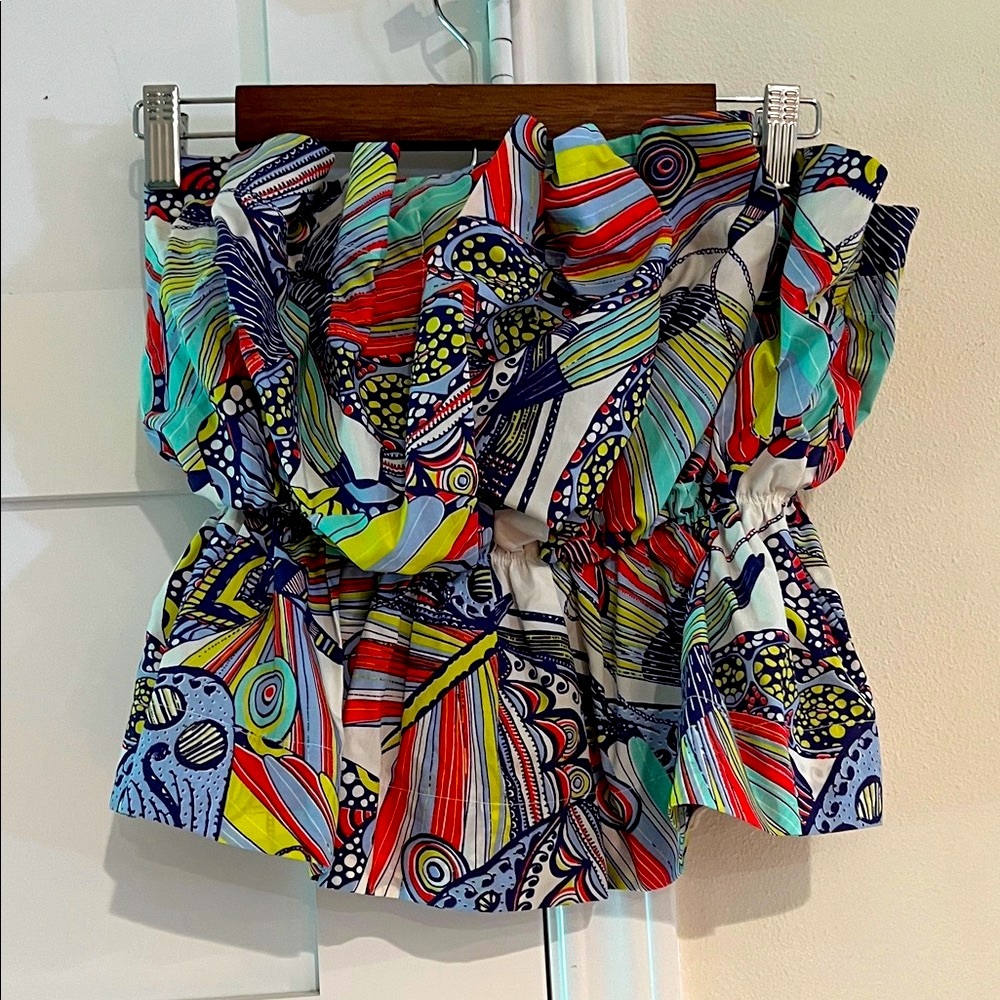 Anthropologie Colorful Blue White Abstract Print Strapless Top Size Medium EUC